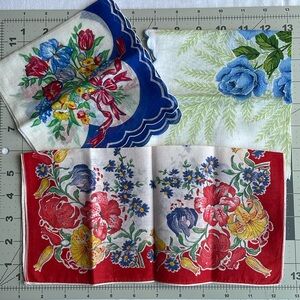 Vintage handkerchiefs (3) bright floral themes, varying colors, sizes